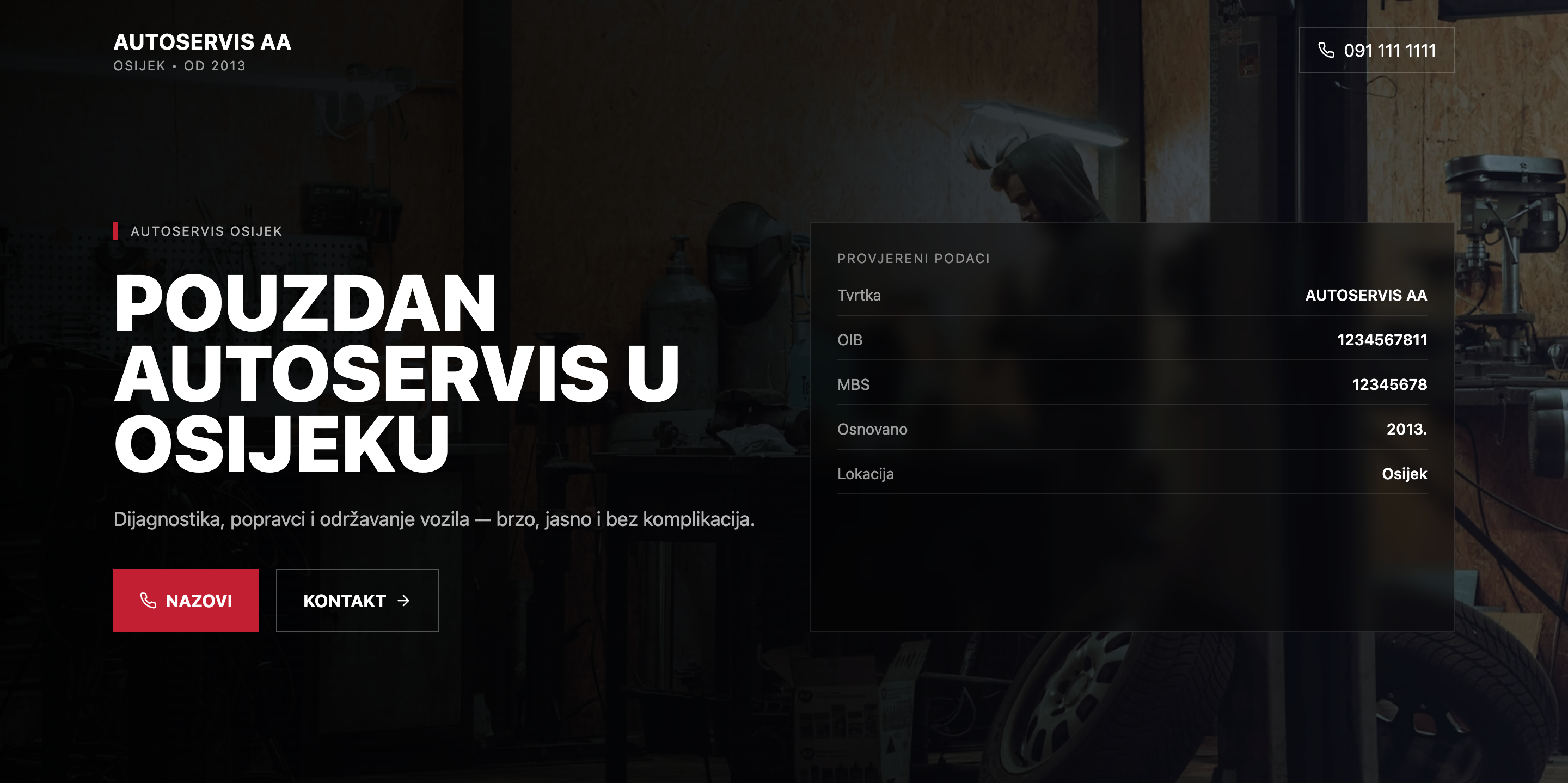 Autoservis AA početna web stranica optimizirana za lokalni SEO