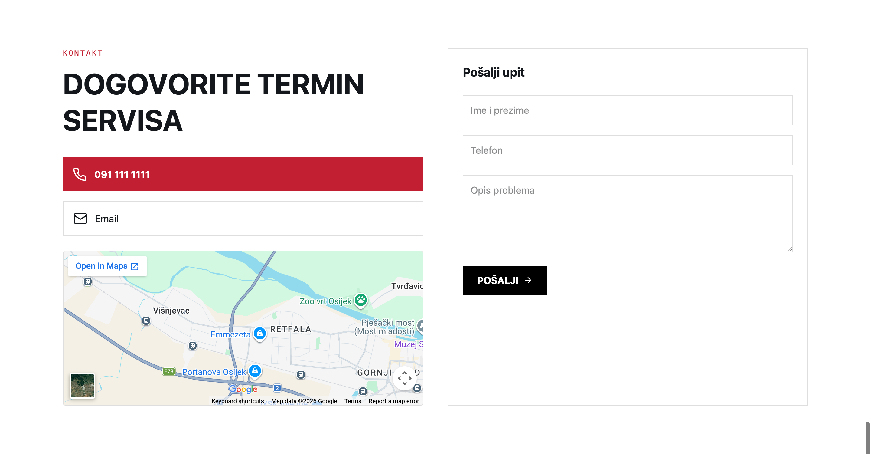 Autoservis AA kontakt sekcija s lokacijom i obrascem